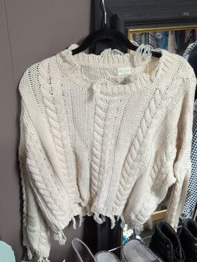 Altar'd State Distressed Cream Cable-Knit Cropped Sweater